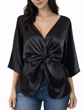 Pleione Satin Twist Front Top Small Black V Neck Flare Sleeve Blouse Tunic